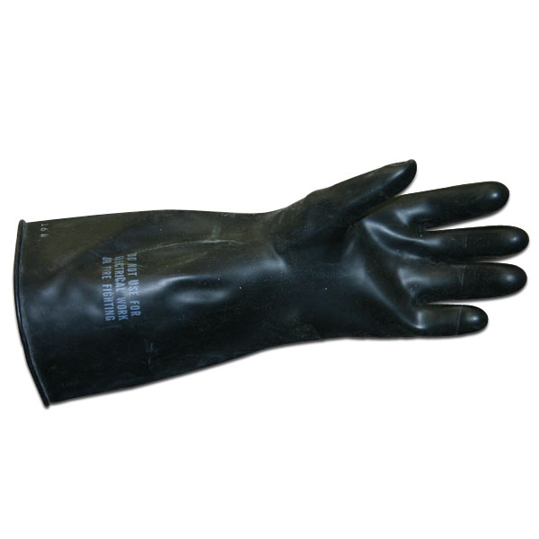 Heavy-duty, black, rubber gloves for handling strong solvents and other chemicals. 14" length; available in sizes  9-11 only.