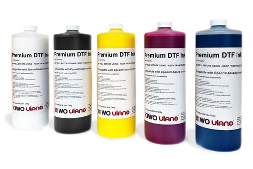 KIWO DTF (Direct To Film) PREMIUM INKS are an aqueous based ink inkset for DTF printers. High density CMYK and White inks designed for low viscosity printheads and for vibrant color reproduction with lower ink limit than other formulations.