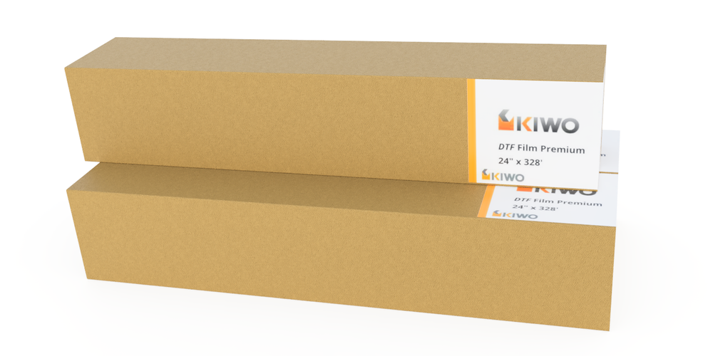 KIWO DTF FILM PREMIUM is a PET (Polyester) substrate circa 120 micron coated on one side with a special aqueous receptive layer, designed to be transferred via thermal reaction. The non coated side is normally left uncoated or with a single layer "nonslip" coating to improve registration. As opposed to Inkjet Film used for screen printing film positives and negatives, KIWO DTF FILM PREMIUM is designed in combination with the addition of a specialist adhesive layer post printing, to be transferred via thermal reaction to any thermally stable substrate, such as cotton, nylon, treated leather, polyester, 50/50 blends, and more (must have a higher Glass Transition and Melting point than the DTF process).