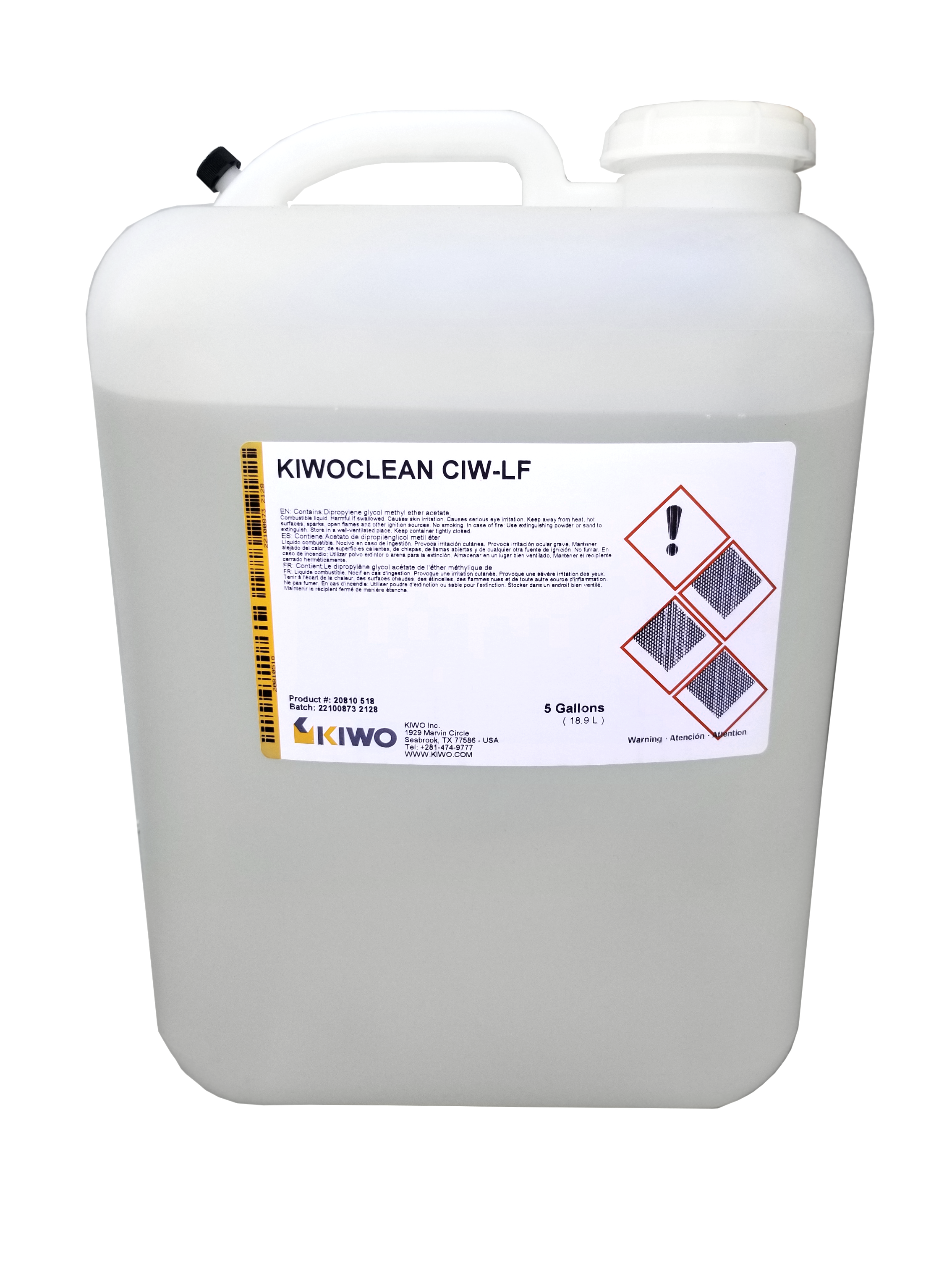 KIWOCLEAN CIW-LF (CONCENTRATED INK WASH - LOW FOAMING)  is a screen cleaning concentrate formulated to be diluted with water. It is very effective on Plastisol, UV, and water-based inks, as well as some solvent-based inks. Its high flash point and low foaming characteristic make it especially suitable for use in automatic screen washing units. KIWOCLEAN CIW - LF is mild in odor and biodegradable.