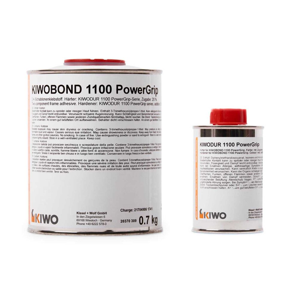 KIWOBOND 1100 POWERGRIP is KIWO's latest two-component frame adhesive for adhering mesh to wood, aluminum, and metal frames. It provides the best bonding strength and solvent resistance of all the KIWOBOND frame adhesives. It dries to a non-tacky surface in as little as 5-10 minutes. The exceptional bonding strength makes this frame adhesive a perfect choice for those using automatic washout/reclaim equipment and everyone using slower evaporating solvents that often soften other frame adhesives.