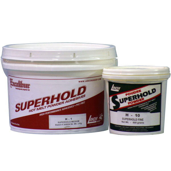 Lancer's Superhold hot melt powders are heat activated adhesives that can be used for virtually any textile application requiring a heat applied system. When the powder is applied to transfers, this greatly increases the washability of the product and the adhesion to garments made   of synthetic textile fabric. All Superhold Powders are available in 1.1 lb (500g) shaker can, 6.6 lb (3kg) or 22 lb (10kg) container.