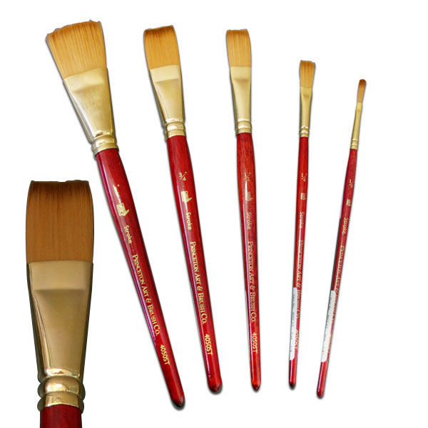 <p>This is the finest performing synthetic that we have ever  seen. Duplicated all the strokes of a top quality red sable. This brush features long bristle with a square end. Ideal for lettering or where you need a crisp edge. You must try this brush to appreciate its quality. This brush drinks up gulps of water, paints out in supple strokes with a natural snap. Paint, scrub, and push knowing that 4050 will always return to a tight point or crisp edge. Mounted on red stained handles in gold ferrules</p>