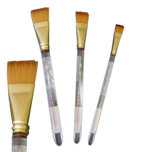 <p>This is the finest performing synthetic that we have ever  seen. It duplicates all the strokes of a top quality red sable.  This is a flat square end brush mounted on a clear plastic handle with a beveled scraper end. You must try this brush to appreciate its quality. This brush drinks up gulps of water, paints out in supple strokes with a natural snap. Paint, scrub, and push knowing that 4050 will always return to a tight point or crisp edge..</p>