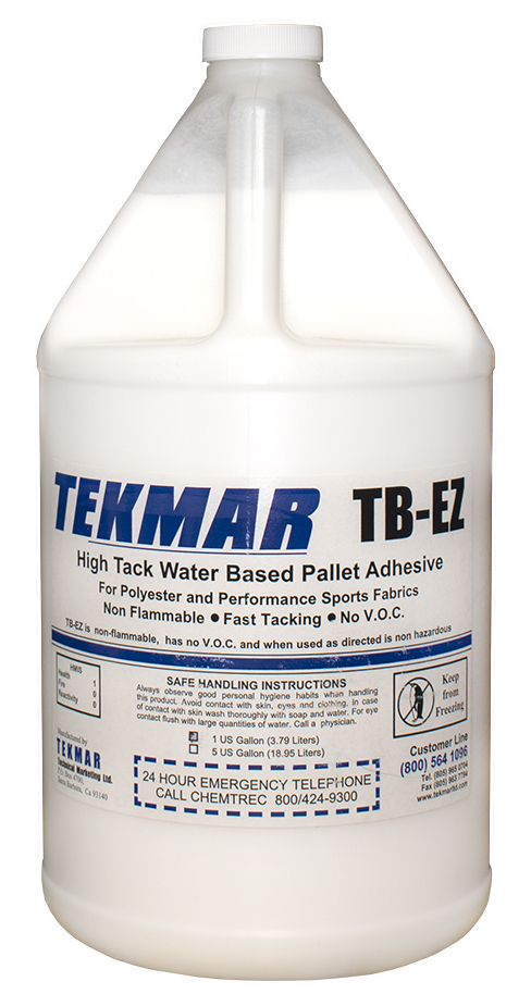 <p>TEKMAR TB-EZ is the first Pallet adhesive developed specifically for use with the new polyester Performance Fabrics. <br><br> It has high strength and will not loose it's tack even during repeated flashing. Performance fabrics contain silicones and Teflon additives that can cause premature release on other Adhesive. TB-EZ is formulated to temporarily bond with the fabric fibers and hold the garment  until unloaded. <br><br> It is manufactured using synthetic polymer acrylic compounds  that were developed for specialized applications such as these. TB-EZ is designed to be sprayed through an adhesive applicator such as the TARGET SYSTEM TB 500 or TB 1000. It affords tremendous hold down for all performance fabrics along with tee's and sweats and has a tack time that rivals aerosol solvent based adhesives.</p>