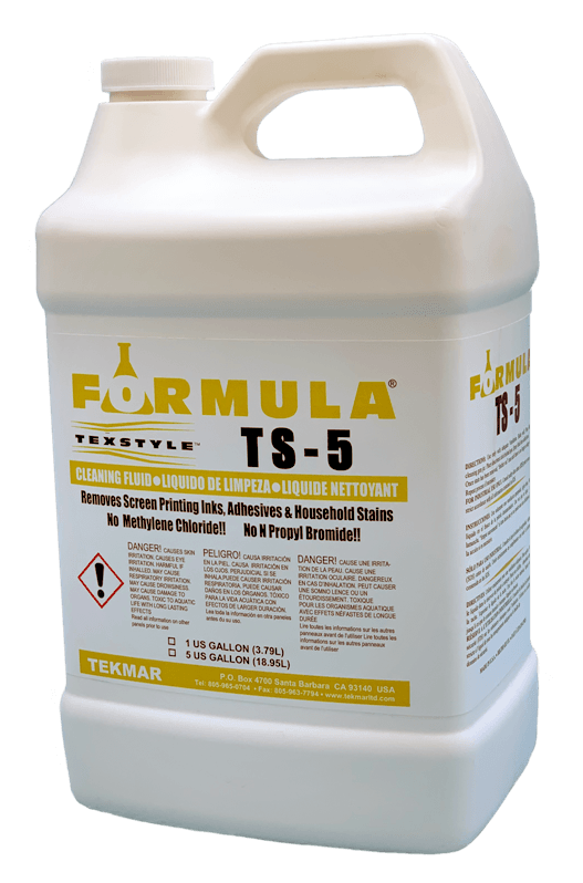 <p>A new generation cleaning fluid containing no Methylene Chloride and no N Propyl Bromide.  It will quickly remove grease, oil, dirt, cosmetic stains and Screen Printing inks and soils from all fabrics. It is the ideal replacement for products that are being phased out due to health concerns and has no US ground or air shipping restrictions.  FORMULA TS-5 is a volatile spot remover that is profiled as being lower in toxicity than comparable products and has no detectable flash point.  The ingredients are not Prop 65 listed and have EPA SNAP approval.  FORMULA TS-5 has a high TLV and is not subject to the stringent OSHA monitoring regulations for methylene chloride.</p> Tomorrow's Spot Cleaning fluid, Today!!