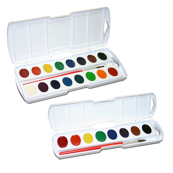 Prang watercolors are an old favorite of students, schools and hobbyists. In large oval pans, in either 8 or 16 color sets. Boxes are of sturdy plastic and a #7 brush is included.