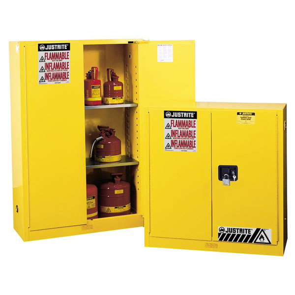 Designed and manufactured to conform to NFPA standards and OSHA regulations for the storage of flammable and combustible liquids. Double wall contstruction with 1-1/2" air space, a three point lock and four leveler feet. Also features a 2" leakproof sill, Yellow enamel finish and dual 2" vents. Shipped direct from factory.