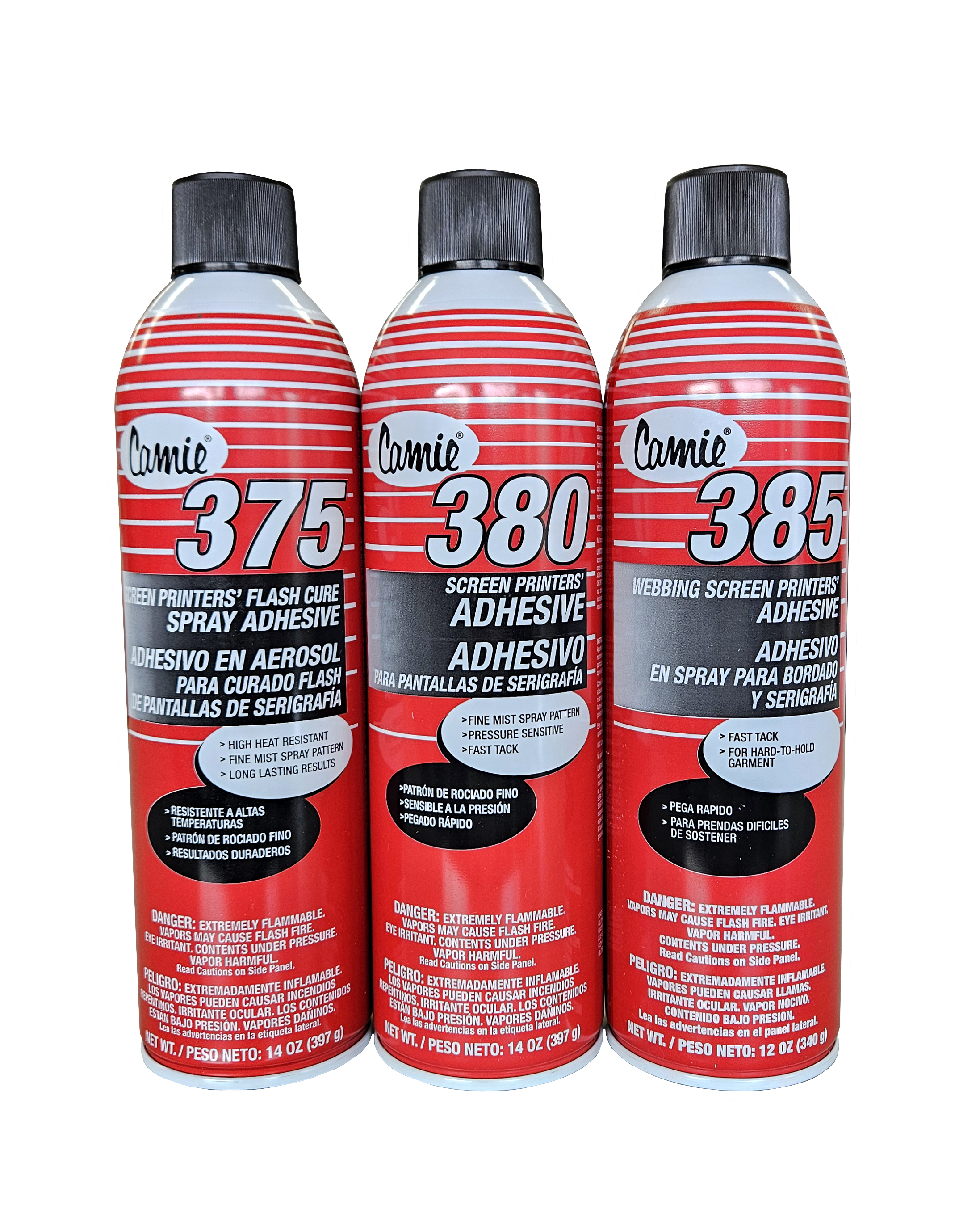 <p>Camie 375 Screen Printers' Flash Cure Spray Adhesive is specifically designed for the screen print industry. Camie 375 holds most textile products, including fleece garments and is a clear mist spray particularly suited for the rapid heat cycles encountered in the flash cure process.</p> <p>Camie 380 Screen Printers' Adhesive is specifically designed as a pressure-sensitive pallet adhesive that does not stain, offers quick tack, has low soak-in and will not wrinkle fine materials. Camie 380 remains pressure-sensitive for an extended period of time. It is excellent for making short-term bonds and releasing from the garment.</p> <p>Camie 385 Webbing Screen Printers' Adhesive is a clear pressure-sensitive webbing adhesive that will not wrinkle the work while in use. Camie 385 is specifically de- signed for fleece and other high density garments.</p>