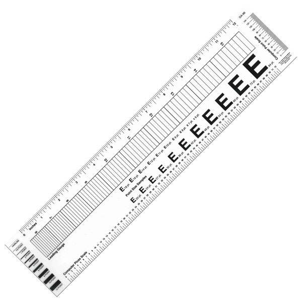 A 3 x 13.75" ruler that is printed on transparent plastic and laminated for printing permanency. It includes scales in  picas, point sizes, printers' rules, sixteenths to the inch  and a leading gauge.