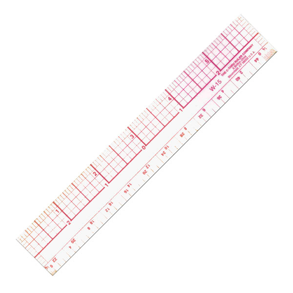 1 x 6" architectural ruler with scales in inches, divided into sixteenths, 1/8" and 1/4". <br /><br /> C-Thru rulers are clear plastic with red markings in various  scales and grids. There markings are easy to read for close  registration over black lines beneath. Markings are laminated so they will not rub off.