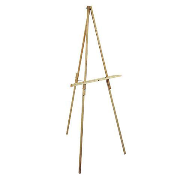 An inexpensive wooden tripod easel that is popular with hobbyists and beginners. Sturdily constructed from select wood, plain or walnut stained, with plated hardware, metal pins for outdoor use, rubber caps for indoor use and an adjustable 2" tray. Also ideal for lectures and displays. 66" tall, folds to 35".