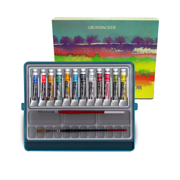An excellent value for beginning or advanced painters, this set contains (12) tubes of Academy watercolors, a red sable brush, a flat wash brush, and instructional booklet and a palette. All pack up into a portable carrying case. Includes  the following colors:<br /><br /> Burnt Sienna<br /> Chinese White<br /> Alizarin Crimson<br /> Cadmium Yellow Pale Hue<br /> Cadmium Yellow Deep Hue<br /> Cadmium Red Light Hue<br /> Sap Green<br /> Viridian<br /> Thalo Blue<br /> Payne's Gray<br /> Yellow Ochre Hue<br /> Ultramarine Blue