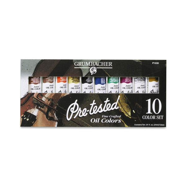 Contains 10 colors in .81 oz (24 ml) tubes. Includes a #4 white bristle brush and the following colors:<br /><br /> Burnt Sienna<br /> Burnt Umber<br /> Cadmium Red Light Hue<br /> Cadmium Yellow Medium Hue<br /> Ivory Black<br /> Phthalo Blue<br /> Phthalo Green (Blue Shade)<br /> Thio Violet<br /> Yellow Ochre<br /> Titanium White