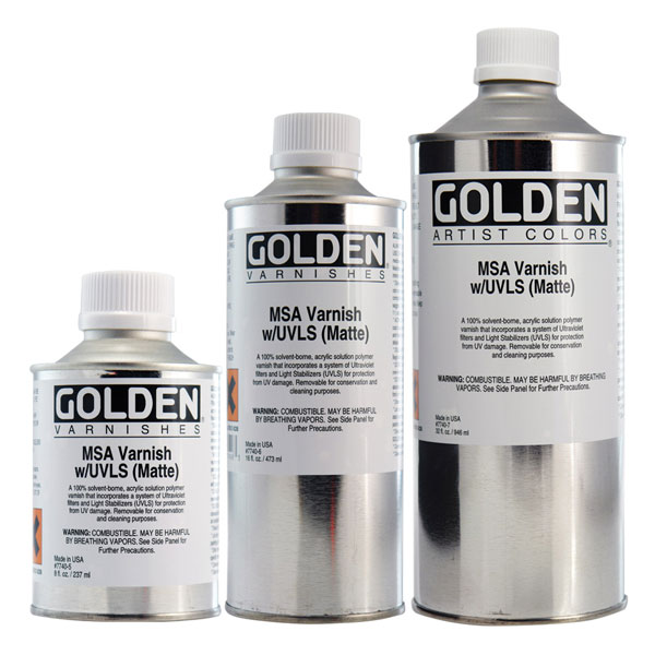 These acrylic varnishes are made from non-yellowing acrylic resin suspended in mild solvent. They are crystal clear when  dry, and form a solid, non-porous film. Being of a re-soluble nature, these varnishes can be removed, even after many years, with mineral spirits or turpentine. For use over oil, acrylic, casein, or Magna paints.