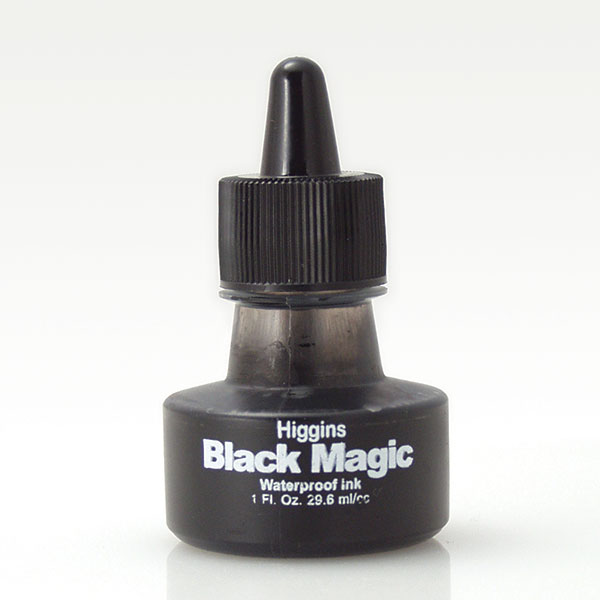 Black Magic is a waterproof intense black with a semi flat finish. Provides great opacity with adhesion to drafting film, paper or board. The medium viscosity helps prevent clogging in technical pens. Mixes with Higgins pigmented inks.