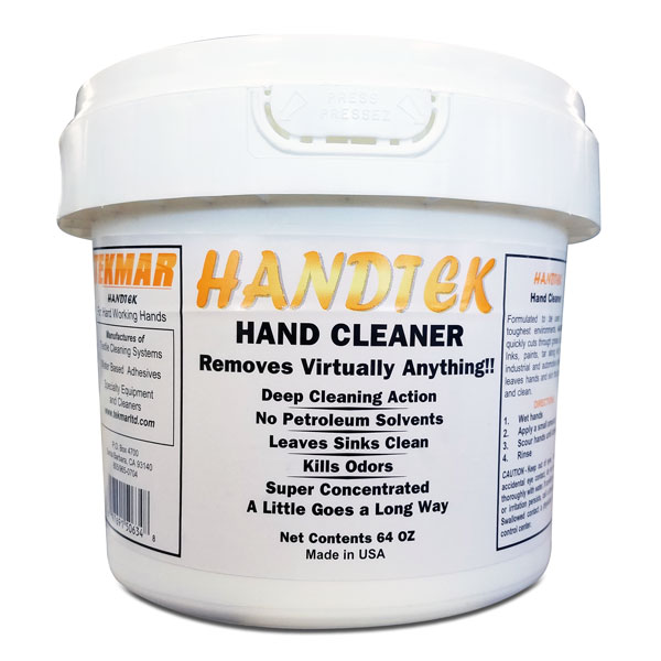 <p>HANDTEK quickly cuts through grease, oil, dirt, Inks, paints, tar along with other industrial and automotive stains, to leaves hands and skin that are soft and clean.  HANDTEK Waterless Orange Hand Cleaner contains ground walnut  shell, a fine natural abrasive that gently removes ground in grime and dirt. Hands are left feeling soft and moist. HANDTEK can also be used to remove grease, oil, inks and paints from surfaces.<br><br> "During silk screen reclamation, HANDTEK may be used as a light duty ghost haze remove and mesh abrader."</p>