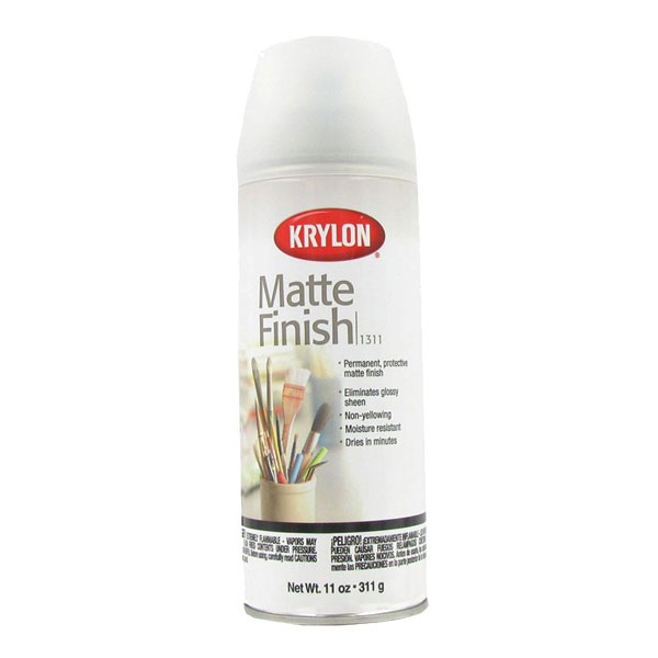 A clear acrylic varnish with a matte finish that protects charcoal and pastel drawings, printed matter, proofs, blueprints, and photographs from dust, dirt, or moisture. This spray is colorless, transparent, rapid drying, and will not change the hue of colors, or stain papers. This type of spray dries to a dull matte and is NOT WORKABLE!