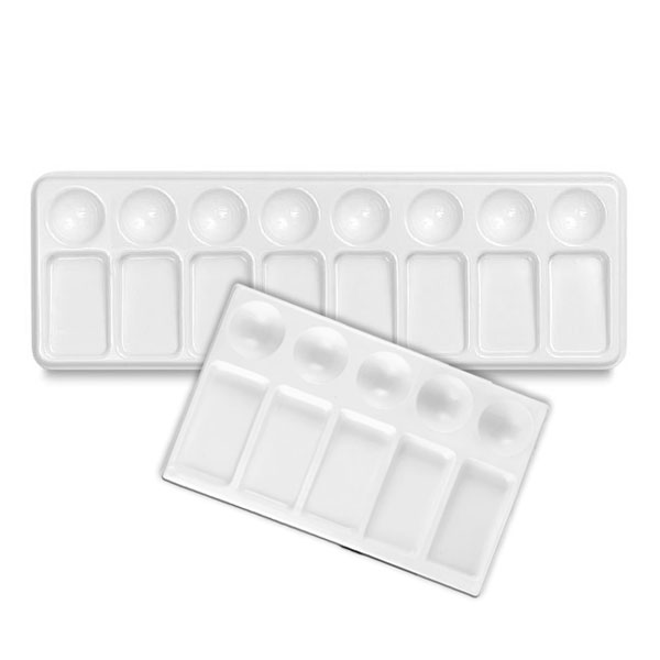 An opaque white, stain-proof plastic palette with deep wells and slants. One will stack over another without disturbing colors.