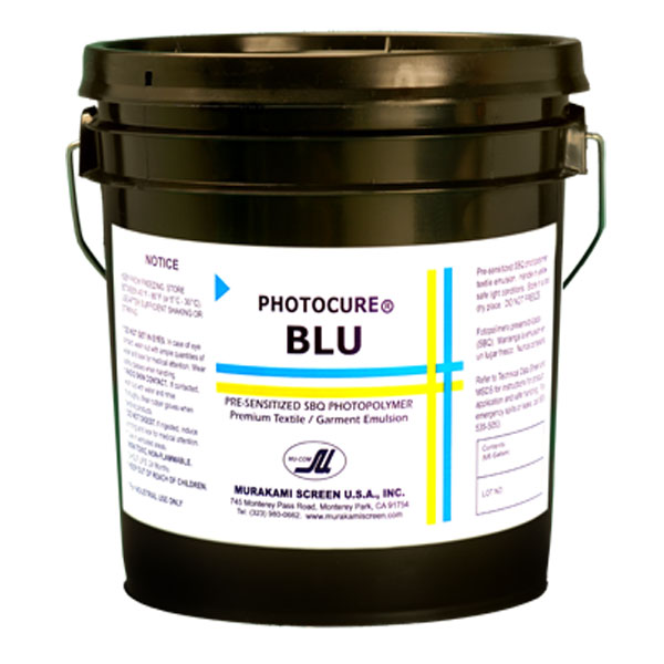 Photocure BLU is a PVA-SBQ presensitized pure photopolymer direct emulsion for textile printers using plastisol inks. Extremely durable and easily reclaimable.