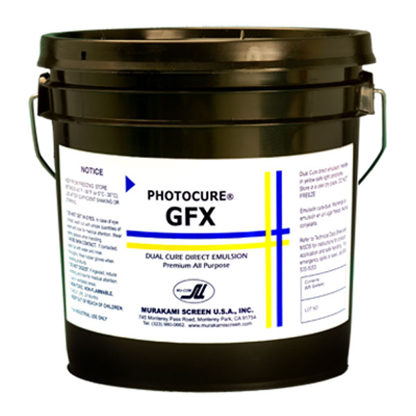 Murakami GFX is an outstanding resolution, dual cure, blue emulsion for use with solvent, UV, and other types of commercial inks. Ideal for use with aggressive solvents.