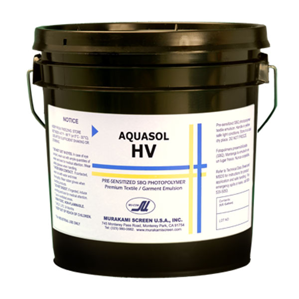 Aquasol HV is an outstanding resolution, PVA-SBQ pure photopolymer, blue emulsion for plastisol or water based textile printing. (when hardened with Murakini hardener and diazo sensitizer).  Coats and builds up easily because of a high (46%) solids content. Exhibits excellent durability, resolution and definition with a wide exposure latitude, with 3-5 times faster exposure times than diazo sensitized emulsions.
