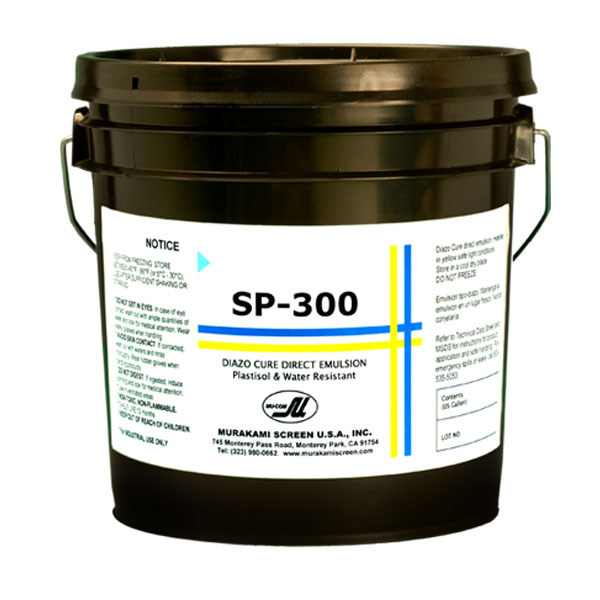 SP-300 is a cost effective, diazo sensitized, blue emulsion for plastisol or water-based textile printing. Coats and builds up easily because of a high (40-43%) solids content. Exhibits excellent durability, resolution and definition with a wide exposure latitude. not effected by hot solvents.