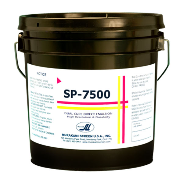 SP-7500 is a high resolution, dual cure, emulsion for plastisol or water based textile printing. Coats and builds up easily because of a high solids content. Is not effected by hot solvents.