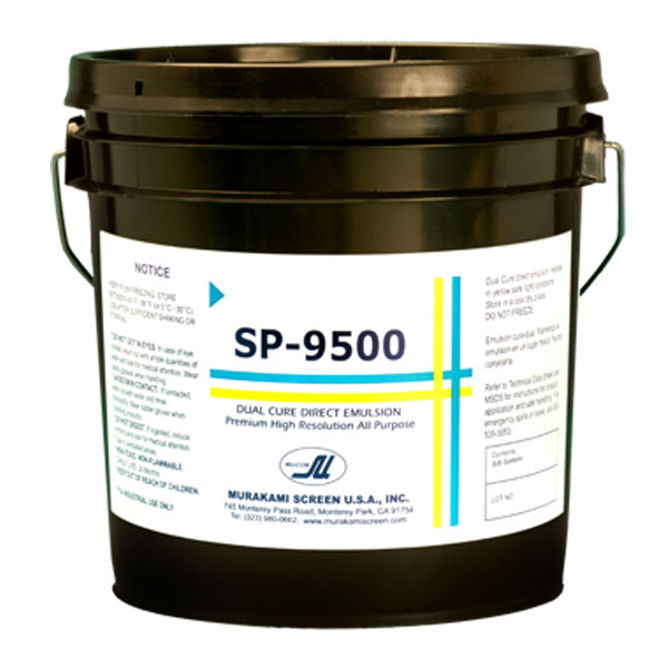 SP-9500 is a high resolution, dual cure, emulsion for plastisol or water based textile or solvent based printing systems. Suitable for water based ink systems after hardened with Murakami hardeners. Coats and builds up easily because of a high solids content, and virtually pin hole and fish eye free. . Is not effected by hot solvents.