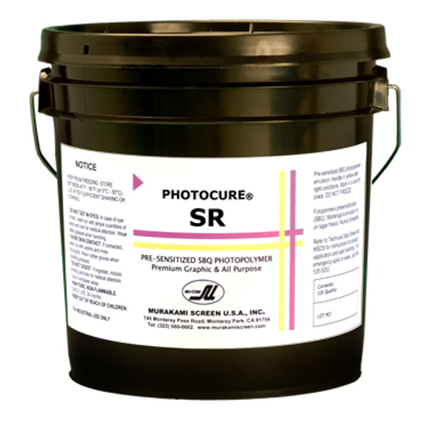 Photocure SR is PVA-SBQ presensitized pure photopolymer direct emulsion for UV, commercial graphics and textile (plastisol) inks.  Photocure SR exhibits superior resolution and definition with wide exposure latitude for one color to 4 color process printing. Excellent solvent resistance and easy reclaiming. Extremely durable and resistant to pinholing and breakdown.