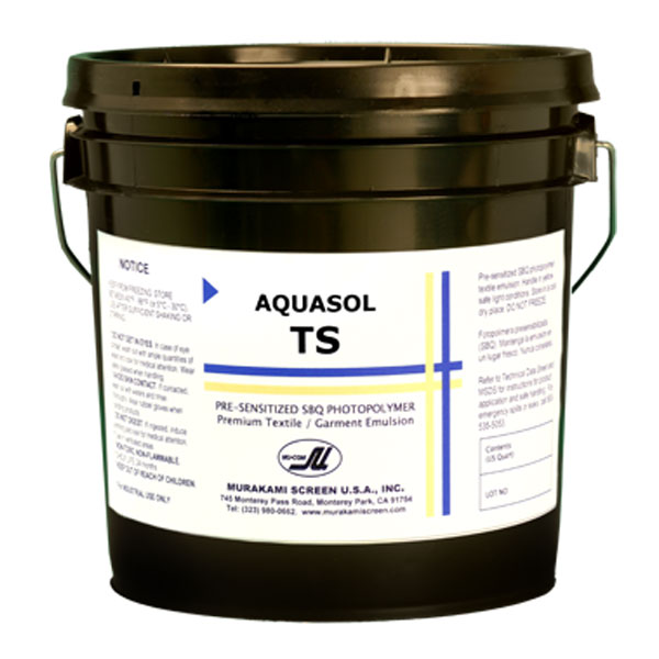 Aquasol TS is Murakami Screen's SBQ sensitized direct emulsion for the ultimate stencil for textile printing. Designed for reproducing very fine detail and halftones. Exposure is extremely fast - 3 to 5 times faster than diazo type emulsions.  Due to the Balanced solids content (44%) fewer coats are required for optimal build up. The addition of Diazo sensitizer is recommended for use with water soluble inks. Clear (undyed) color.