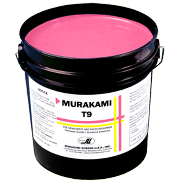 T9 is Murakami's newest emulsion that can print all textile systems without the need for hardeners.  This high viscosity, high solids emulsion reclaims easily to preserve fine meshes.  Easy to coat and expose with great resolution for all types of textile printing.  Reclaming is very easy with normal chemistry.