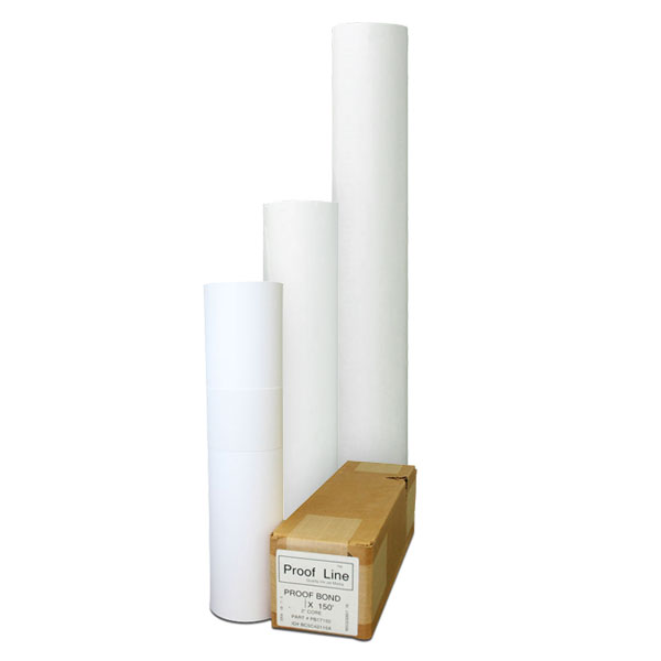 24lb. Economical uncoated bond paper. Suitable for quick proofs, technical drawings, temporary signs and displays. Available in 150' rolls only.