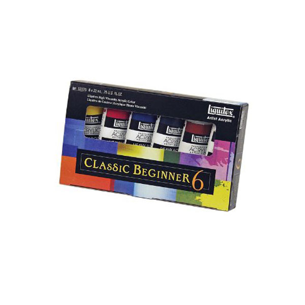 A starter set that contains (6) 3/4 oz tubes (3/4 x 4") of Liquitex colors; one of each of the following:<br /><br /> Burnt Sienna<br /> Cadmium Yellow Light<br /> Napthol Crimson<br /> Phthalo Green<br /> Ultramarine Blue<br /> Titanium White