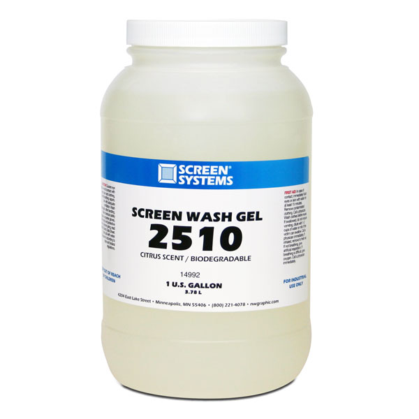 Screen Systems 2510 is the same as 2500 except that it is in gel form. This enables hand application to screens with no dripping or running, minimizing waste. It is a safe, water soluble, biodegradable solvent for the cleaning of almost all residual inks from screens and tools. It completely dissolves inks, even if they have thoroughly dried in the screen. Drys slowly providing long working time. Removes solvent-based, UV, Plastisol inks, and uncured solder masks. Contains no chlorinated solvents or chelants and can be put down the drain in accordance with local regulations. Ideal for large screens. Also biodegradable and water soluble with a pleasant citrus smell.