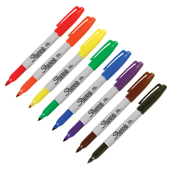 A water resistant marker for writing on almost any surface. A bullet tip on the regular model or a fine plastic (0.4mm) tip on the Extra Fine Sharpie, mark boldly on metal, glass, plastic, foil, rubber,  waxed paper, etc. The high intensity are also used for overhead projection. 12 per box.