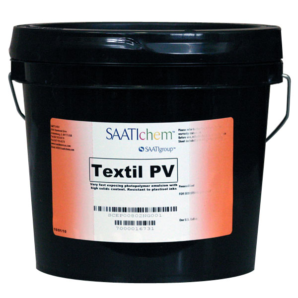 Saati PV is their premium, durable, fast photopolymer emulsion. This medium viscosity emulsion contains 42% solids and can be used with plastisol and water based inks (with post exposure).