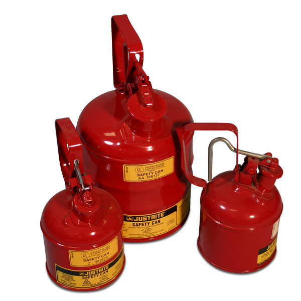 Select from three lead-coated steel safety cans designed for storage of flammable materials. The 24 gauges steel body is covered with a red baked enamel finish. Approved by the NYC Fire Dept. Safety screens included. UL listed.