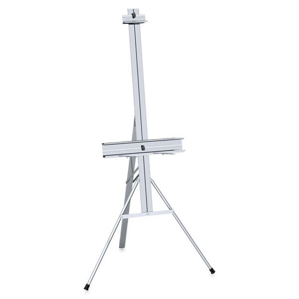 A sturdy studio easel that can be set up or folded in two minutes. Equipped with adjustable "Auto-Lock" spring type canvas holder, and a sliding utility tray (21" long) with built in palette holder. Built for canvas up to 48" high (larger with extension unit). Has rubber tips  on the leg bottoms. Ideal for home or studio.