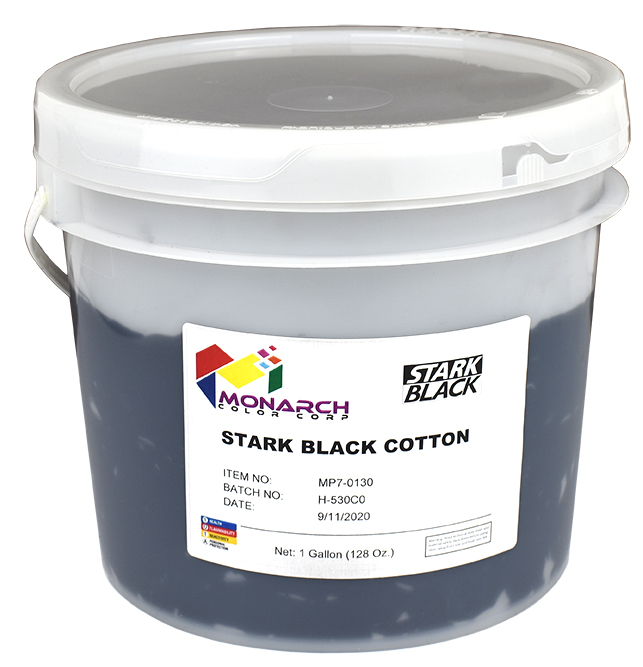 Stark Black Cotton is a non-phthalate, lead free, very dense, dark, high performance black that has excellent coverage on all garment colors. The low tack formula allows printing through finer mesh counts without the use of viscosity modifier. Stark Black Cotton performs well on both automatic and manual presses.