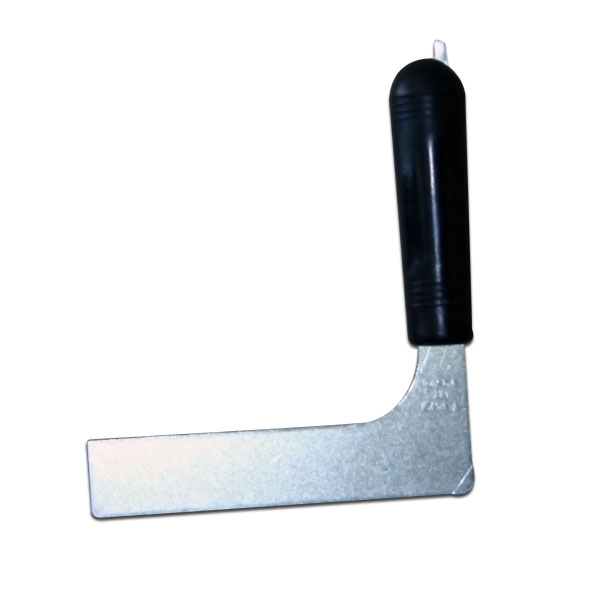This easy-to-operate tool presses Tite-Stretch cord into Mite-R-Stix with the tap of a hammer for tightest stretch. Smooth finish, palm-fitting hard plastic handle with tempered hard steel blade.  Frame balluster reamer mounted on handle.  Blade is 5" long and 1" wide.  Handle is 3 1/4" long.