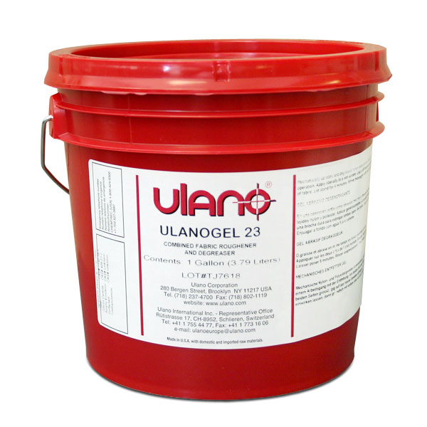 An abrasive degreaser gel that combines the actions of Microgrit No. 2 and Screen Degreaser Liquid No. 3. The abrading action of Ulanogel 23 promotes better wetting of the mesh and adhesion of the stencil, and thus, longer press  life. Its degreasing action removes dirt, dust, and oils from the mesh, reducing the risk of stencil failure and pinholing.