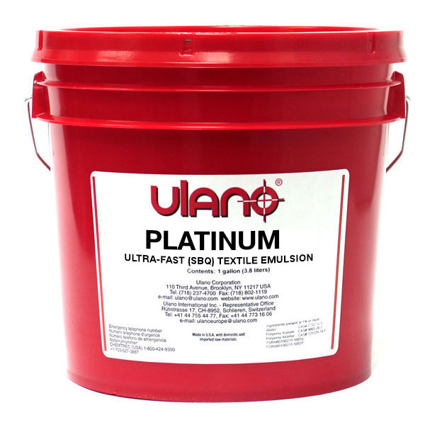 Ulano Platinum is a ready-to-use SBQ-photopolymer direct emulsion formulated for imprinted sportswear printing and other markets. It resists plastisol inks, including newer, more aggressive, post-phthalate plastisols, and most washup solvents, making it easy to reclaim in automatic equipment or by hand. It is formulated with a gray color that reduces light scattering throughout all spectral range, the major cause of loss of resolution. Such gray coloration is innovative way for Ulano to further expand the spectrum of possible stencil colorations, where not only it benefits emulsion cosmetically, but also functionally. Such coloration combines good contrast with easy see-through. It is well suited for the certain computer to screen systems, as even with the short pixilated exposures, the stencil, due  to innovative gray coloration exposes through well throughout the thickness of the stencils, forming dense cross linking on the squeegee side of the screen. Such coloration combines good contrast with fairly easy see-through.