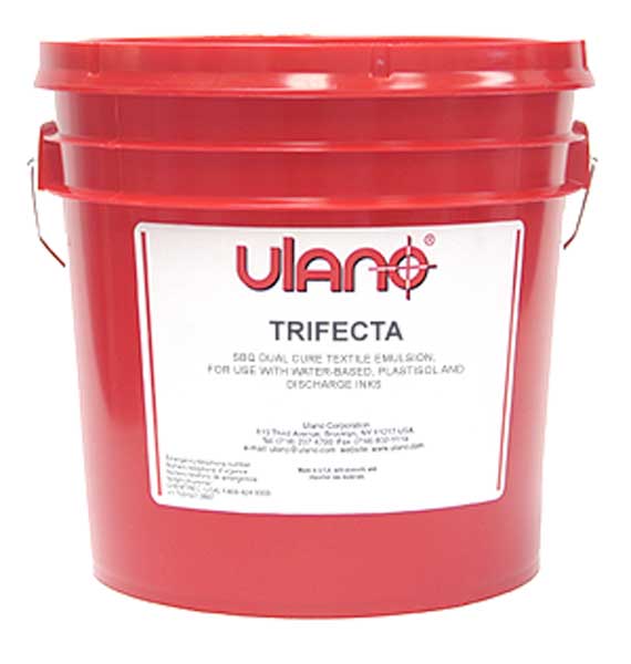 <p>TRIFECTA is a ready-to-use, extremely fast exposing and durable, violet-colored SBQ-dual cure direct emulsion for imprinted sportswear printing with water-based, discharge and plastisol inks, including post-phthalate formulations. Properly prepared, TRIFECTA stencils do not require any sensitizers or hardeners to withstand the most aggressive textile inks on the market. All the TRIFECTA stencils require to obtain durability is sufficient UV-light for exposure and post-exposure. TRIFECTA is formulated for compatibility with stationary and scanning CTS (computer-to-screen) exposure sources, including LED-based units. For maximum resolution and wider exposure latitude, yellow mesh usage is recommended with conventional exposure systems and with CTS exposure units.<br><br> TRIFECTA features fairly high viscosity (6500 centipoise at 25° C.) which provides good coating control, even on coarse mesh. Its high solids content facilitates fast drying, good buildup of EOM per coating stroke and, thus, good printed edge definition.<br><br> <I>*In the rare cases, where 10,000 prints or more are required with aggressive inks, diazo or chemical hardening may be used.</I></p>