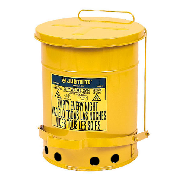 Round, UL-listed waste can with 6 gallon capacity. Cover can be opened by a foot pedal. Lead-coated body is constructed from 24 gauge steel.