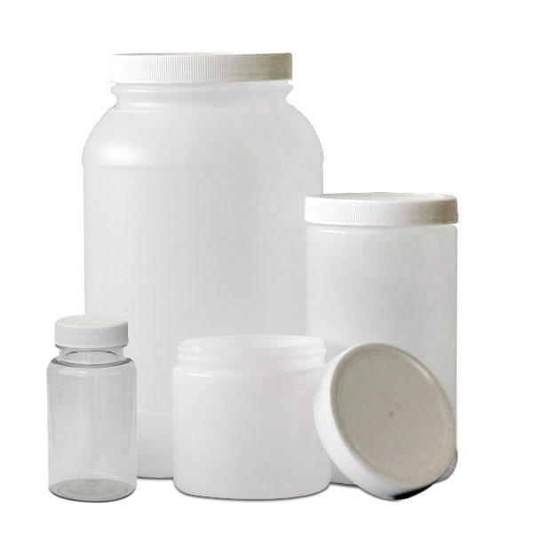 Unbreakable white plastic storage containers for easy pouring and secure storage of liquids. Caps included.